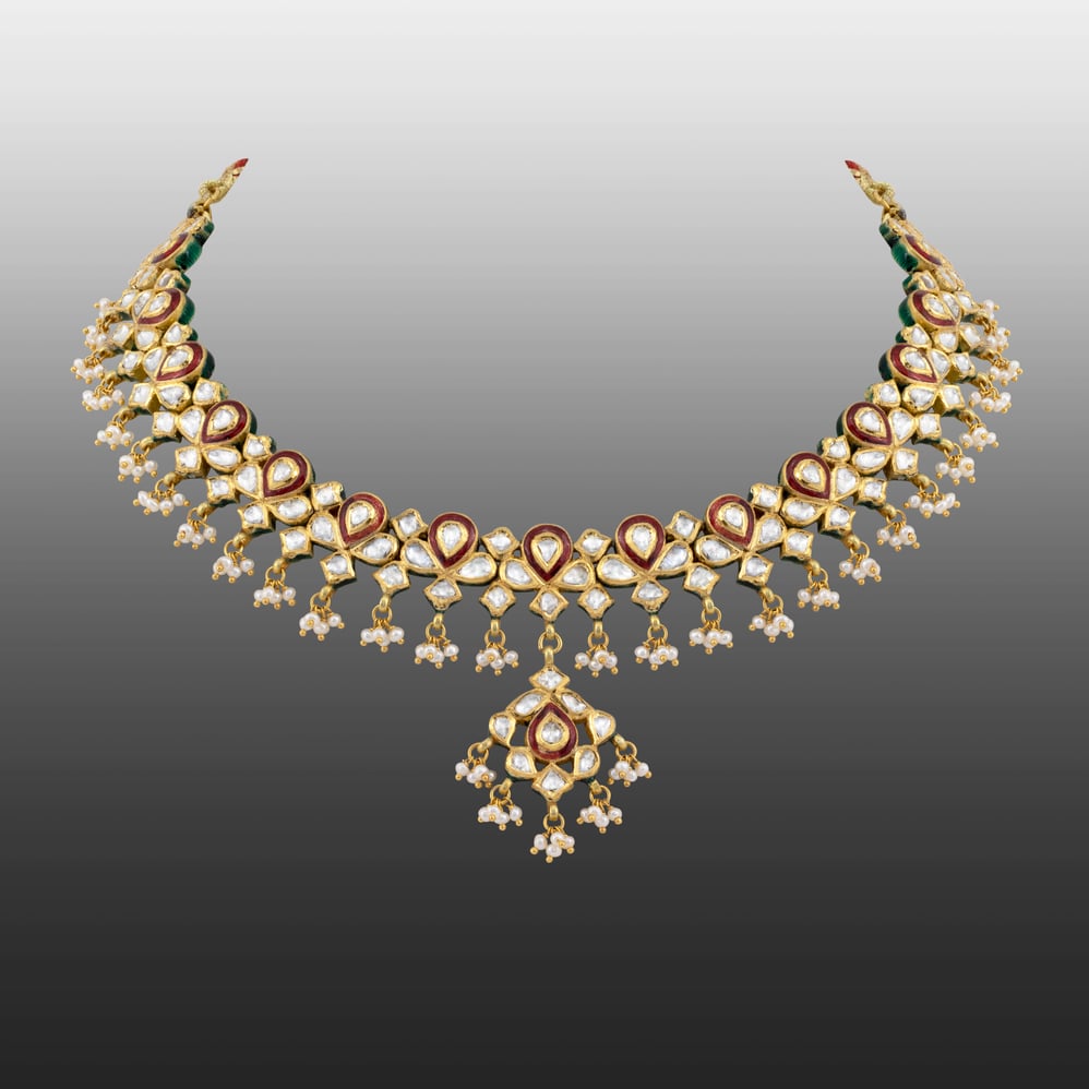 Polki Necklace with Red Enamel and Pearl Bead Clusters